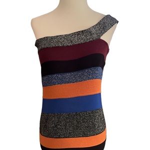 MISSONI Metallic Shimmer  DRESS Body Con Italy US 10‎ Striped Blue Green Orange